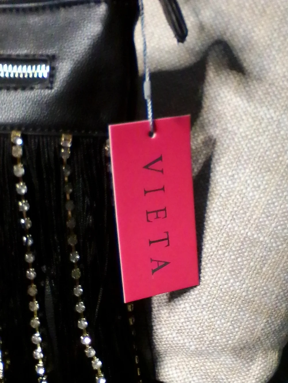 VETTA Black Fringe Crossbody with Gold Rhinestone Strips